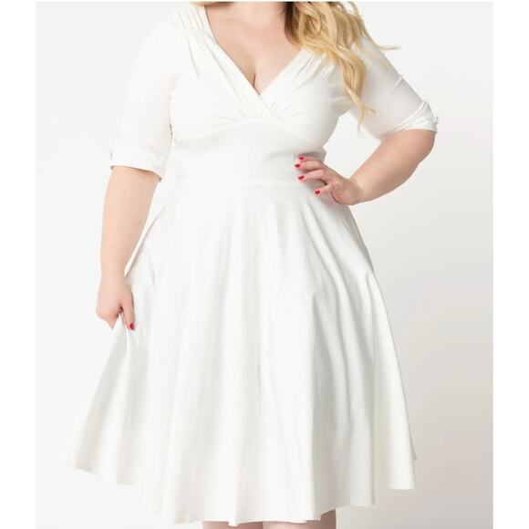 Unique Vintage Plus Size 1950s Ivory Delores Swing Dress with Sleeves - Picture 1 of 12
